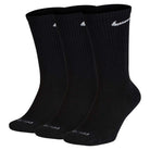 Three pairs of Nike SB Black Crew Socks (3 Pack, SX6888010) with white Swoosh near the top and DRI-FIT text on the toe, shown side by side. These socks feature moisture-wicking Dri-FIT technology for comfort.