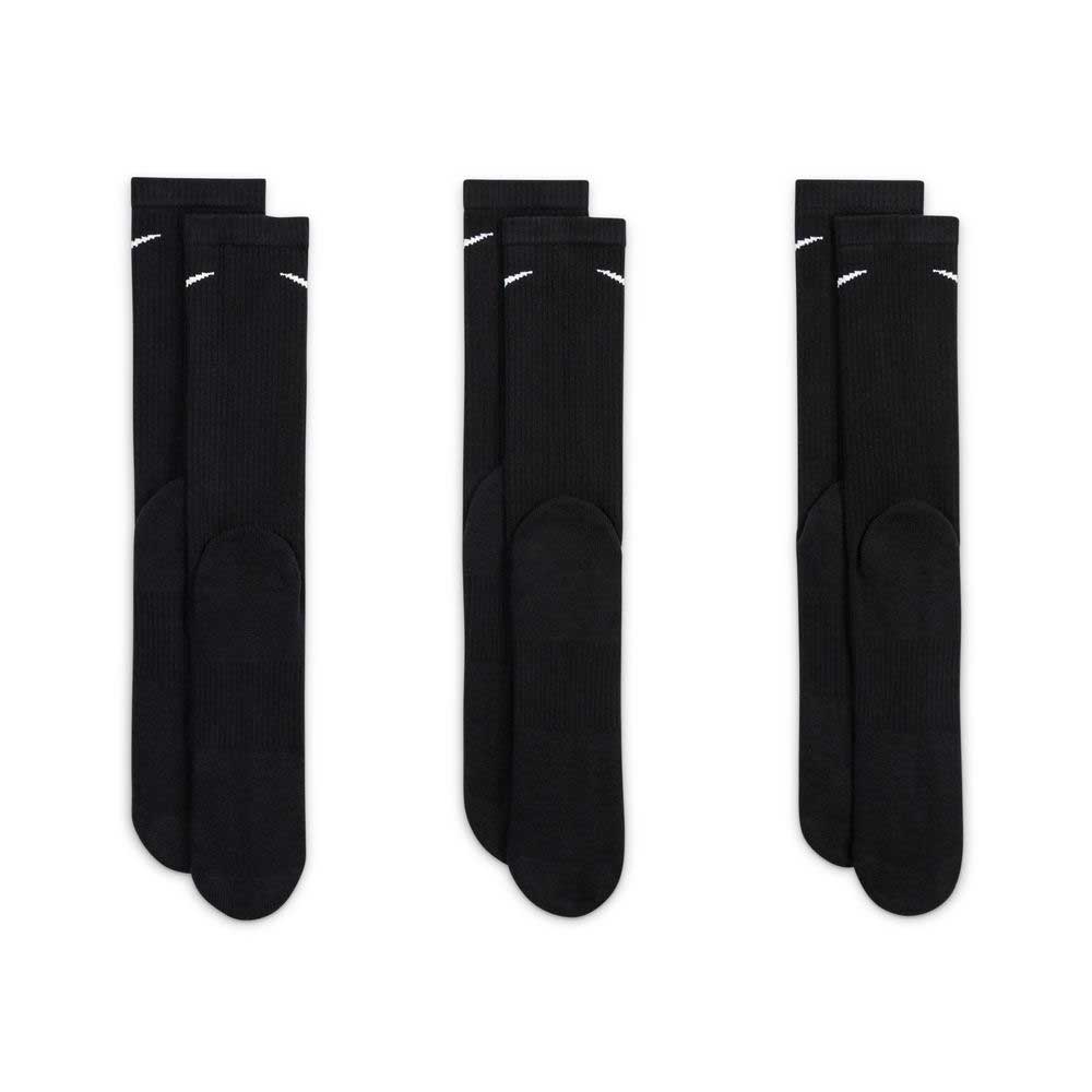 Three pairs of Black Nike SB Socks Crew 3 Pack (SX6888010) with a small white logo and Dri-FIT technology are displayed side by side on a white background.