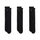 Three pairs of Black Nike SB Socks Crew 3 Pack (SX6888010) with a small white logo and Dri-FIT technology are displayed side by side on a white background.