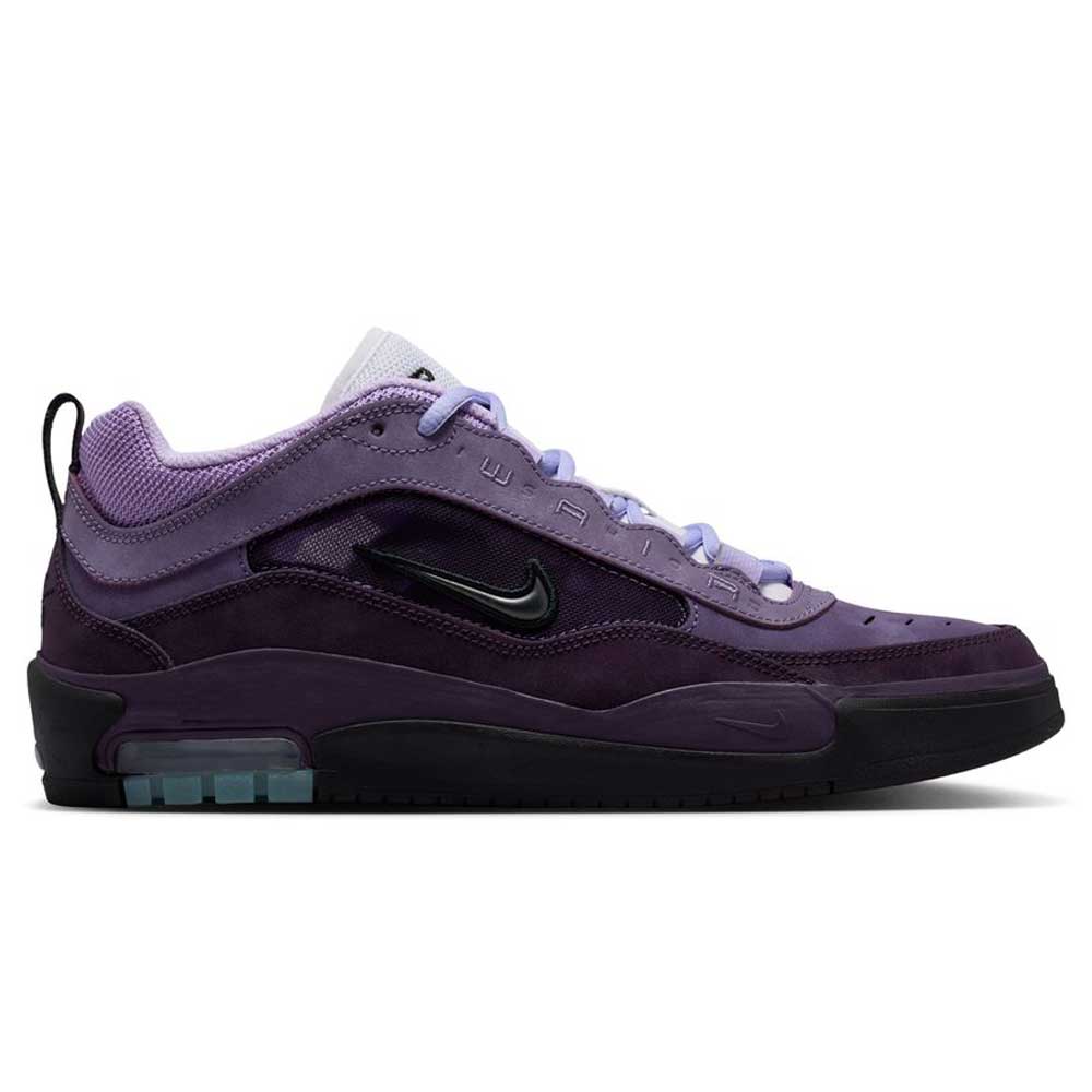 The Black Noble Purple IR1887500 Air MAX Ishod Nike SB Skateboarding Shoes feature black detailing, a black sole, silver Swoosh logo, light purple laces, perforated toe area, and visible Max Air cushioning in the heel for comfort.