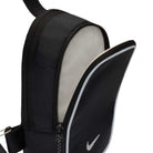 A close-up of the Black Reflect Silver IQ1279010 Nike SB RPM Skate Backpack showcases its black exterior with a white swoosh logo, partially unzipped to reveal a light gray interior. Both the zipper and strap are visible, highlighting this sleek and functional accessory—an ideal everyday choice for those who appreciate minimalist design.