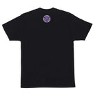 The Black Sabbath Paranoid OJ Heavyweight T-Shirt in black is shown from the back, featuring a small round purple and white logo patch near the neckline—perfect for fans of Black Sabbath and OJ Wheels apparel.