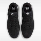A top-down view of the Black Summit White Code 58 IB0108001 Nike SB Skateboarding Suede Shoes, featuring black suede uppers and white Nike logos on the tongues, with cupsole construction, displayed on a plain white background.