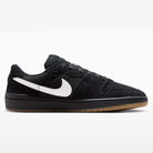 The Black Summit White Code 58 IB0108001 Nike SB Skateboarding Suede Shoes feature a low-top, basketball-inspired silhouette in black suede with a contrasting white Nike Swoosh, black laces, mesh detailing, and a brown rubber cupsole. The shoes are presented against a plain white background.