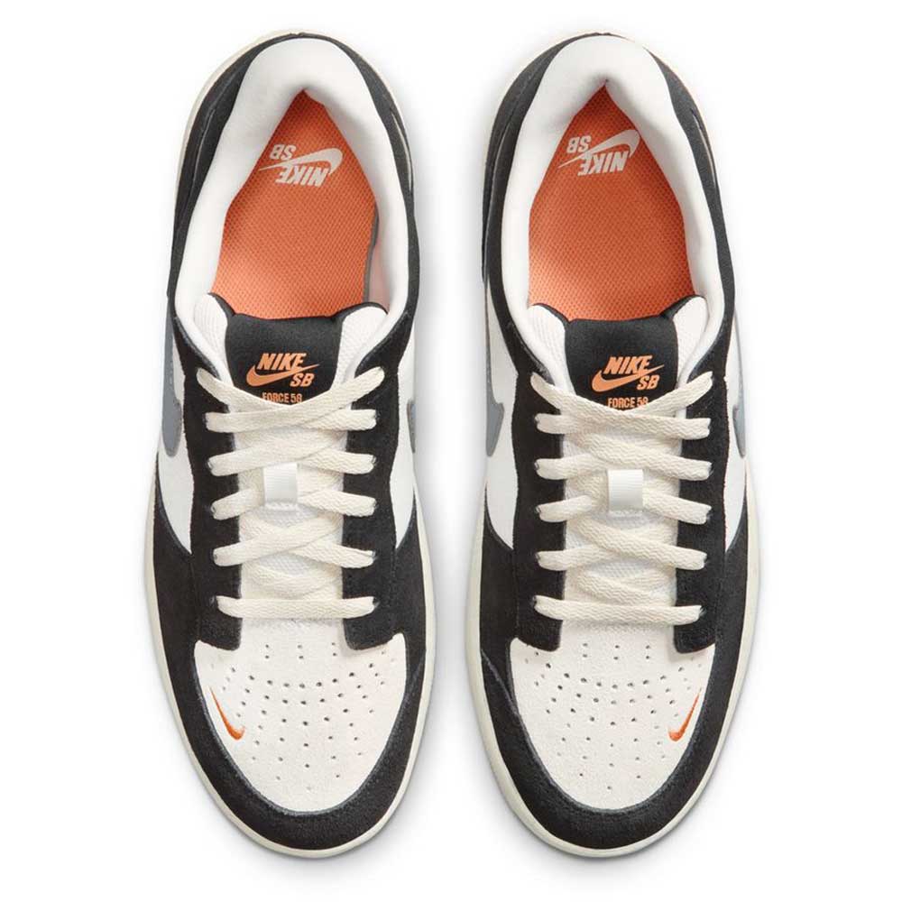 Top view of Black White DV5477-012 Force 58 Nike SB Suede Skateboarding Shoes, featuring white laces, an orange logo tongue, and perforated toe boxes—combining heritage basketball style with modern performance.