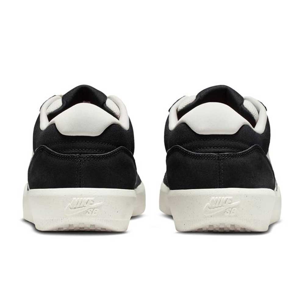 Rear view of Black White DV5477012 Force 58 Nike SB Suede Skateboarding Shoes with the Nike SB logo embossed on the white heel and sole, blending skate shoe performance and heritage basketball-inspired design.