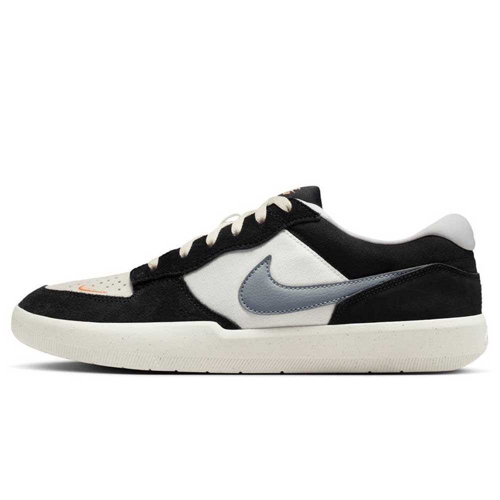 The Black White DV5477-012 Nike SB Force 58 Suede Skateboarding Shoes feature a black and white design with a light gray Swoosh, tan laces, white sole, suede and leather textures—blending heritage basketball style with skate-ready cupsole.
