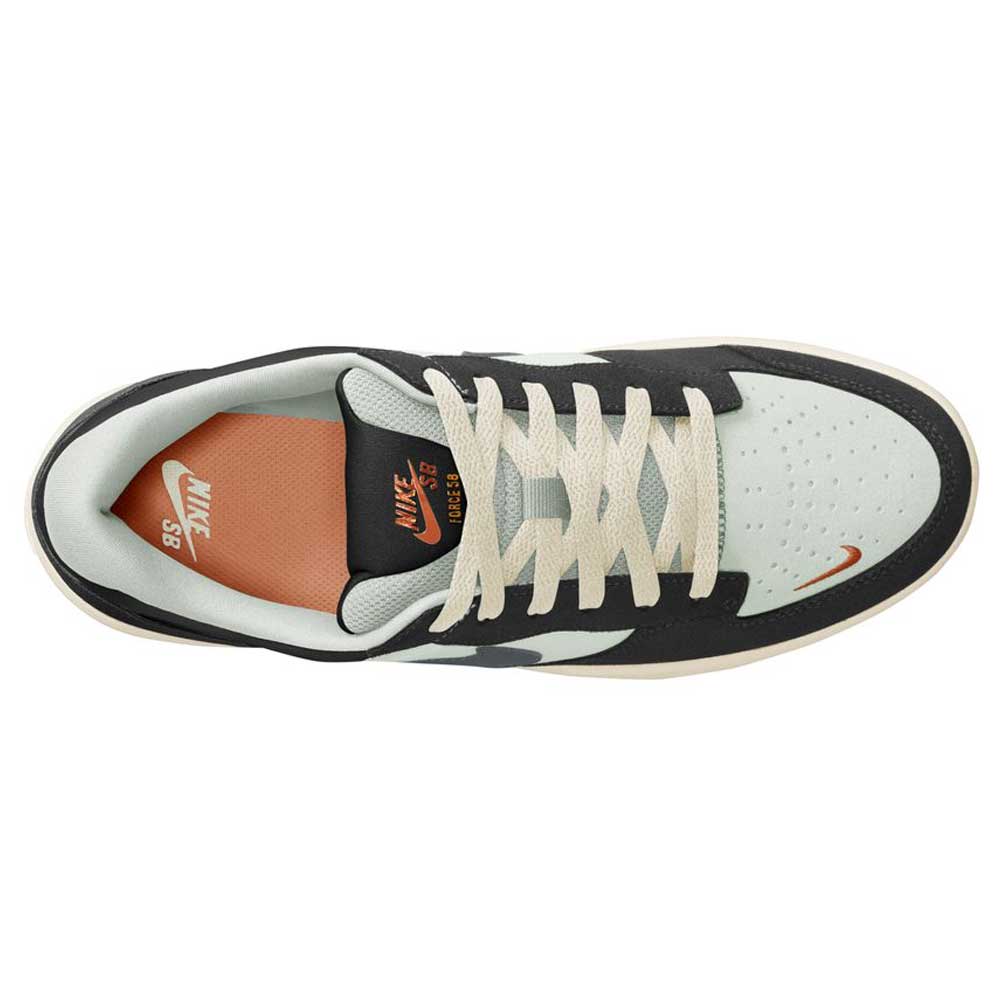 Top view of the Black White DV5477-012 Force 58 Nike SB suede skateboarding shoes, a cupsole skate shoe with heritage basketball inspiration and black, white, and vibrant orange accents.