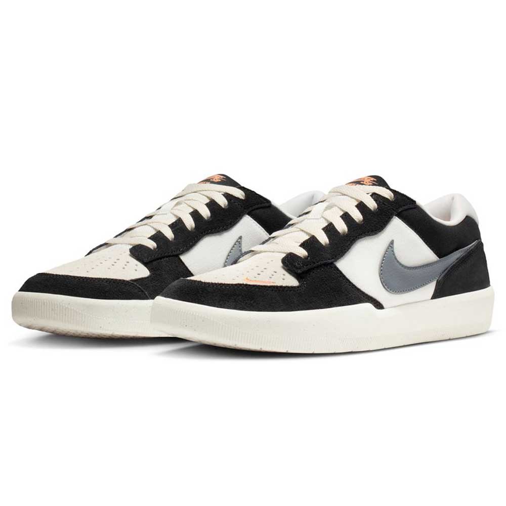 The Black White DV5477012 Force 58 Nike SB Suede Skateboarding Shoes feature black and white suede uppers, gray Swooshes, white laces, and rubber soles in a low-top cupsole design inspired by vintage basketball style.