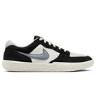 The Black White DV5477-012 Force 58 Nike SB Suede Skateboarding Shoe features a black, white, and gray colorway with a light gray Swoosh, white laces, and a white cupsole. Inspired by heritage basketball design, it is shown in side profile.