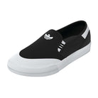 The Black White Shmoofoil Slip RX HQ4720 Adidas Skateboarding suede shoes feature a black slip-on design with a white sole, toe cap, and Adidas logo, plus black and white stripes on the side for a classic sporty look.