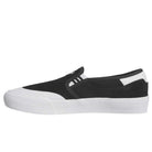 The Black White Shmoofoil Slip RX HQ4720 Adidas Skateboarding Suede Shoes feature a black slip-on design with a white rubber sole and toe cap, plus white accents on the heel and side, displayed on a plain white background.