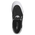 Top view of the Black White Shmoofoil Slip RX HQ4720 Adidas Skateboarding Suede Shoes, featuring a slip-on design with visible Adidas logos, contrasting white toe cap and sole, and classic black sides for a timeless look.