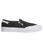 The Black White Shmoofoil Slip RX HQ4720 Adidas Skateboarding suede shoes feature a black slip-on design with a white rubber sole, toe cap, and heel accents—ideal for classic adidas fans.