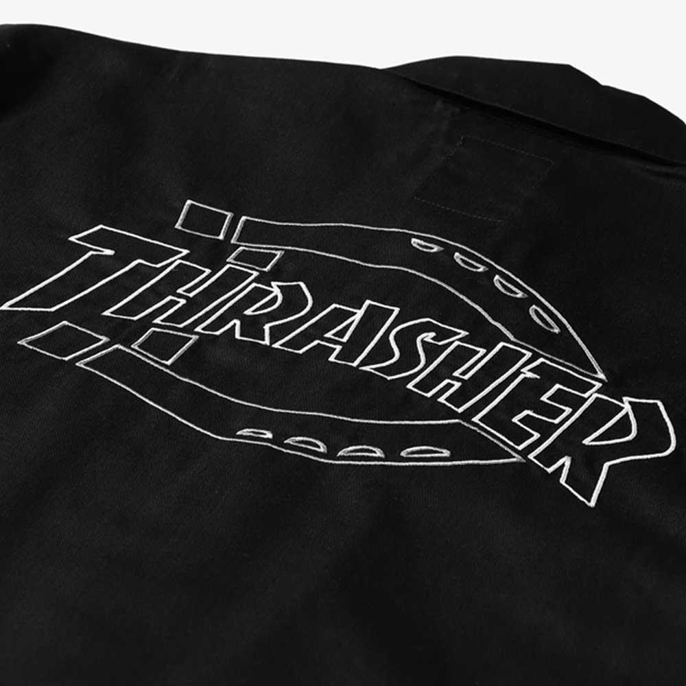 The Black Work Shirt Thrasher Magazine x Dickies Skateboarding A88HT BLK features bold white THRASHER embroidery on black fabric and relaxed fit, with skate ramp-inspired stitching on the back as part of the Dickies x Thrasher collection.