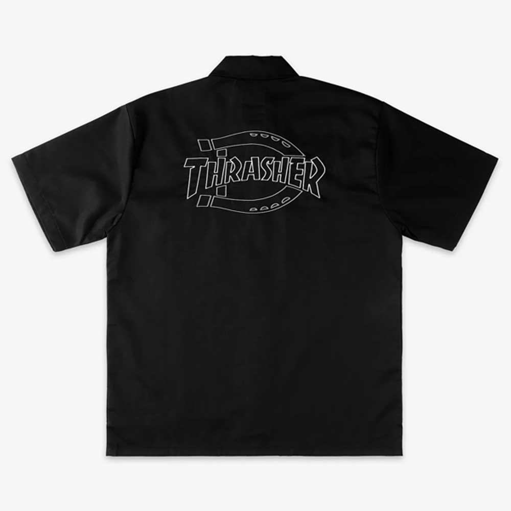 The Black Work Shirt Thrasher Magazine x Dickies Skateboarding A88HT BLK is a short-sleeve button-up with a collar, shown from the back, featuring a large outlined THRASHER logo across the upper back in a relaxed fit.