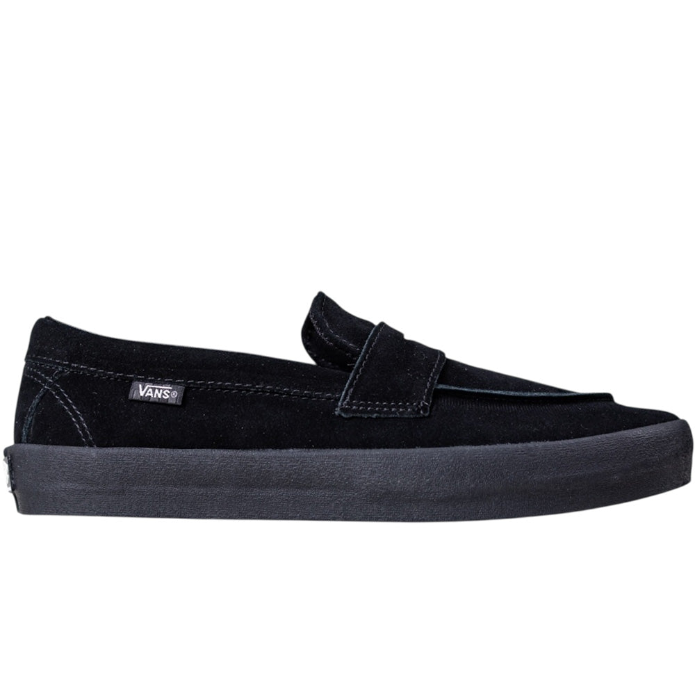 The Skate Loafer Vans VN000VA6BKA1 features a black suede upper, low profile, thick black rubber sole for impact protection, and a visible Vans logo tag on the side—ideal skateboarding shoes in an all-black design.