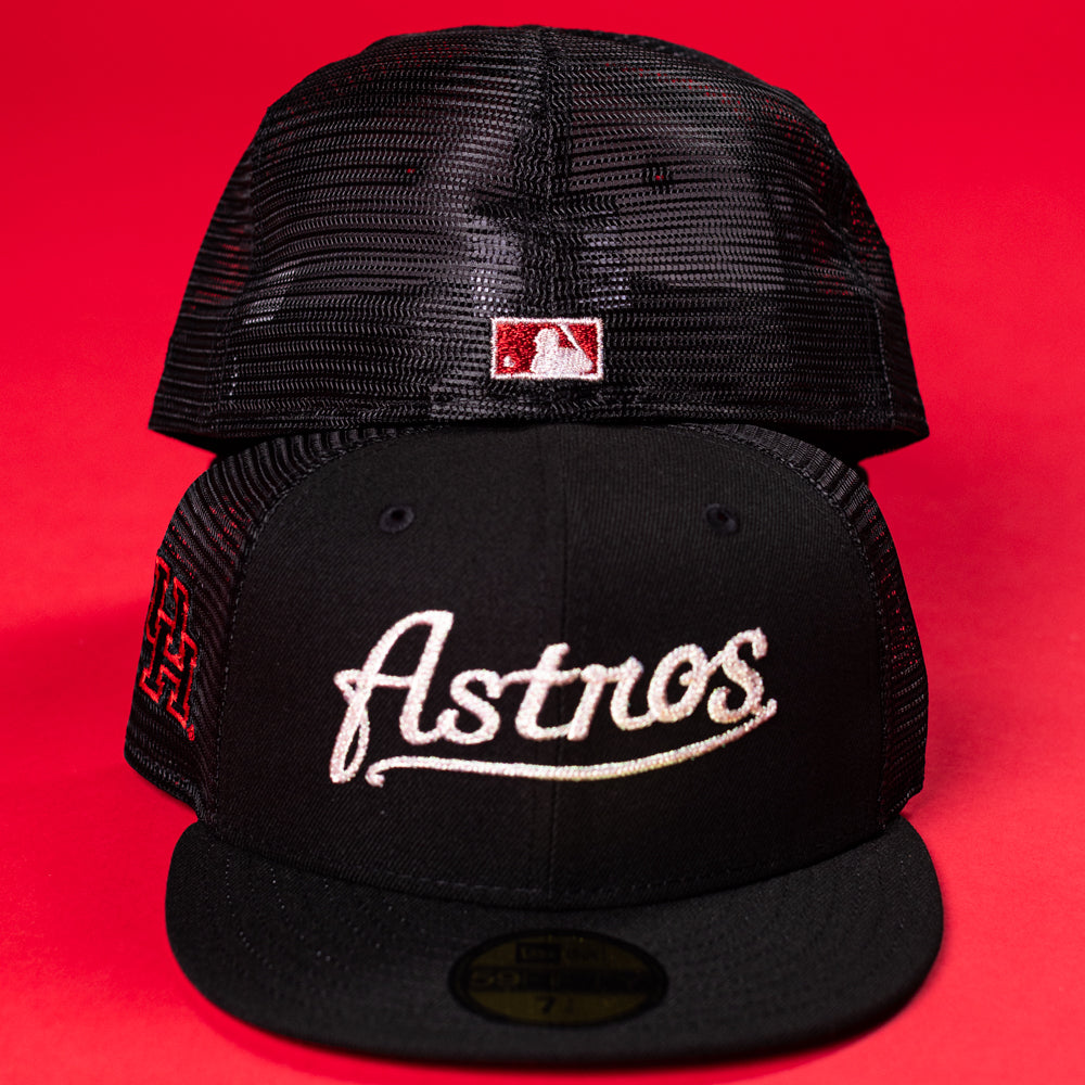 Two Black Scarlet Trucker Houston Cougars New Era Hat 5950 Fitted caps on a red background; one displays the front logo, the other shows the back—perfect for fans of fitted trucker styles and New Era hats.