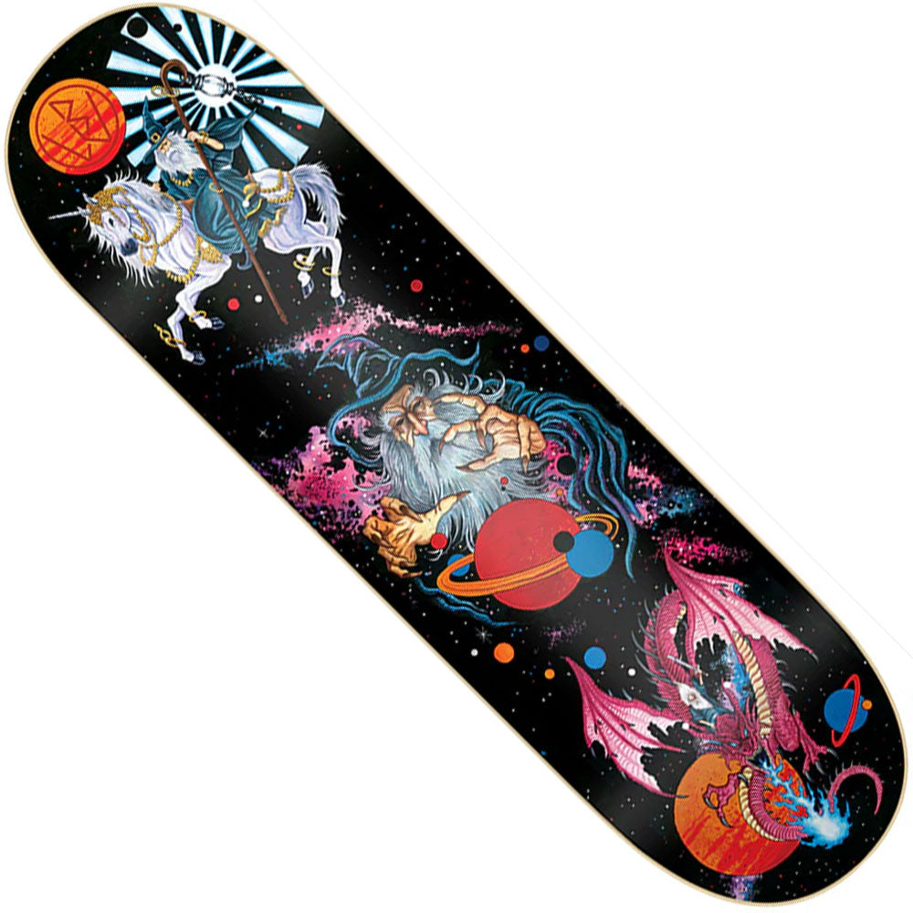 The Arcanis Belt 8.5x31.8 Deck from Blood Wizard Skateboards showcases vibrant art of a knight on a white horse with a red pentagram, planets, pink cosmic energy, and a red dragon against a starry black background.