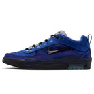 The Blue Void Metallic Silver IR1887400 Air MAX Ishod Nike SB Skateboarding Shoes feature a low-top blue and black design with mesh and suede, black laces, a black Swoosh, AIR lettering, Max Air heel cushioning, inspired by the original Air Max Ishod.