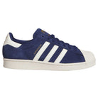 A pair of blue and white KJ5113 Superstar Adidas Skateboarding Suede Shoes featuring signature white stripes, a white heel tab, and a classic white rubber toe cap. Designed for versatility in skateboarding, these iconic shoes showcase the SUPERSTAR name in gold on the side.