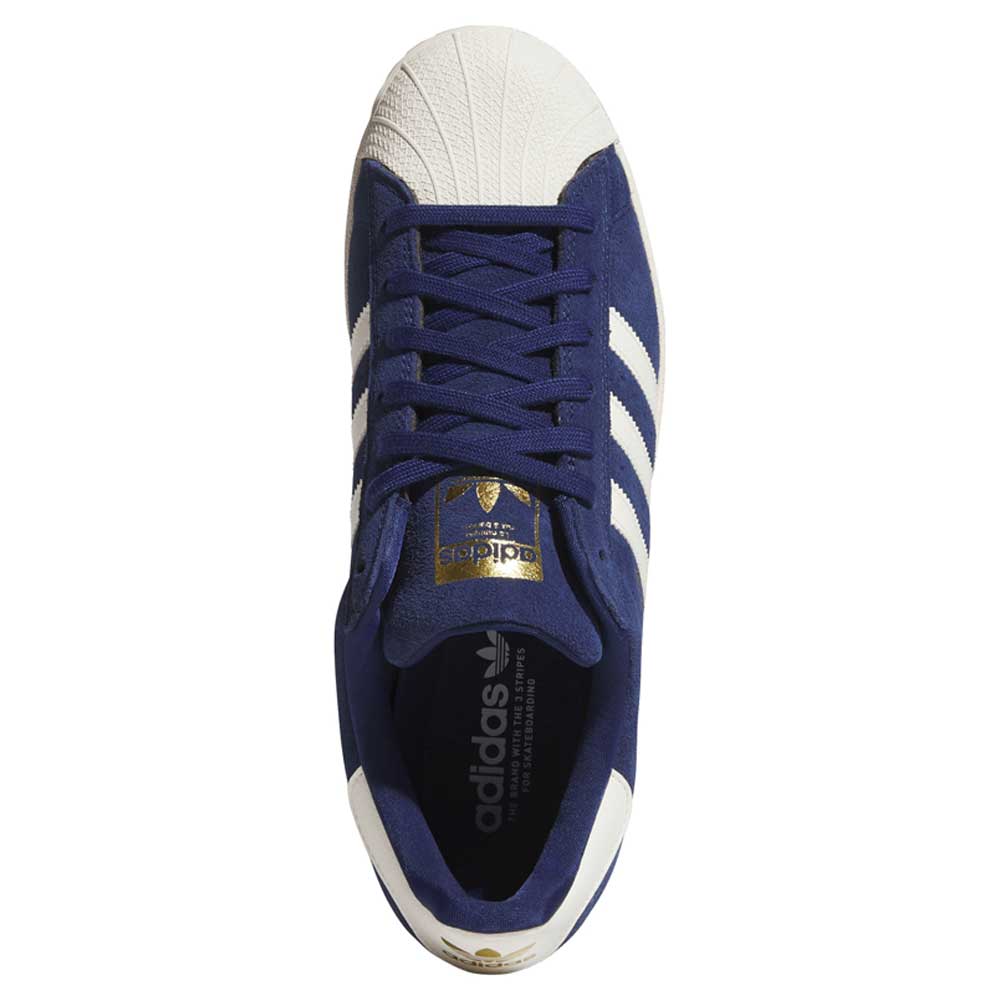 Top view of the Blue White KJ5113 Superstar Adidas Skateboarding Suede Shoes Footwear, featuring classic white stripes and a textured white toe cap. The gold adidas logo appears on the tongue and inside the shoe, emphasizing its skateboarding heritage.