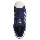 Top view of the Blue White KJ5113 Superstar Adidas Skateboarding Suede Shoes Footwear, featuring classic white stripes and a textured white toe cap. The gold adidas logo appears on the tongue and inside the shoe, emphasizing its skateboarding heritage.