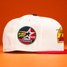 The Poppa Burger Bo Bundy 35th Houston Astros Bo New Era Hat 5950 Fitted, in white, features colorful embroidered patches—one reading "35 Great Years 65-99"—and is perfect for Houston Astros fans.