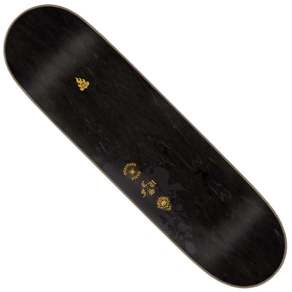 The Bonehead Eternal LG 8.5in x 32.2in Creature Skateboard Deck is a black 7-ply board with subtle wood grain and small gold Chinese characters and symbols in the center and top left area.