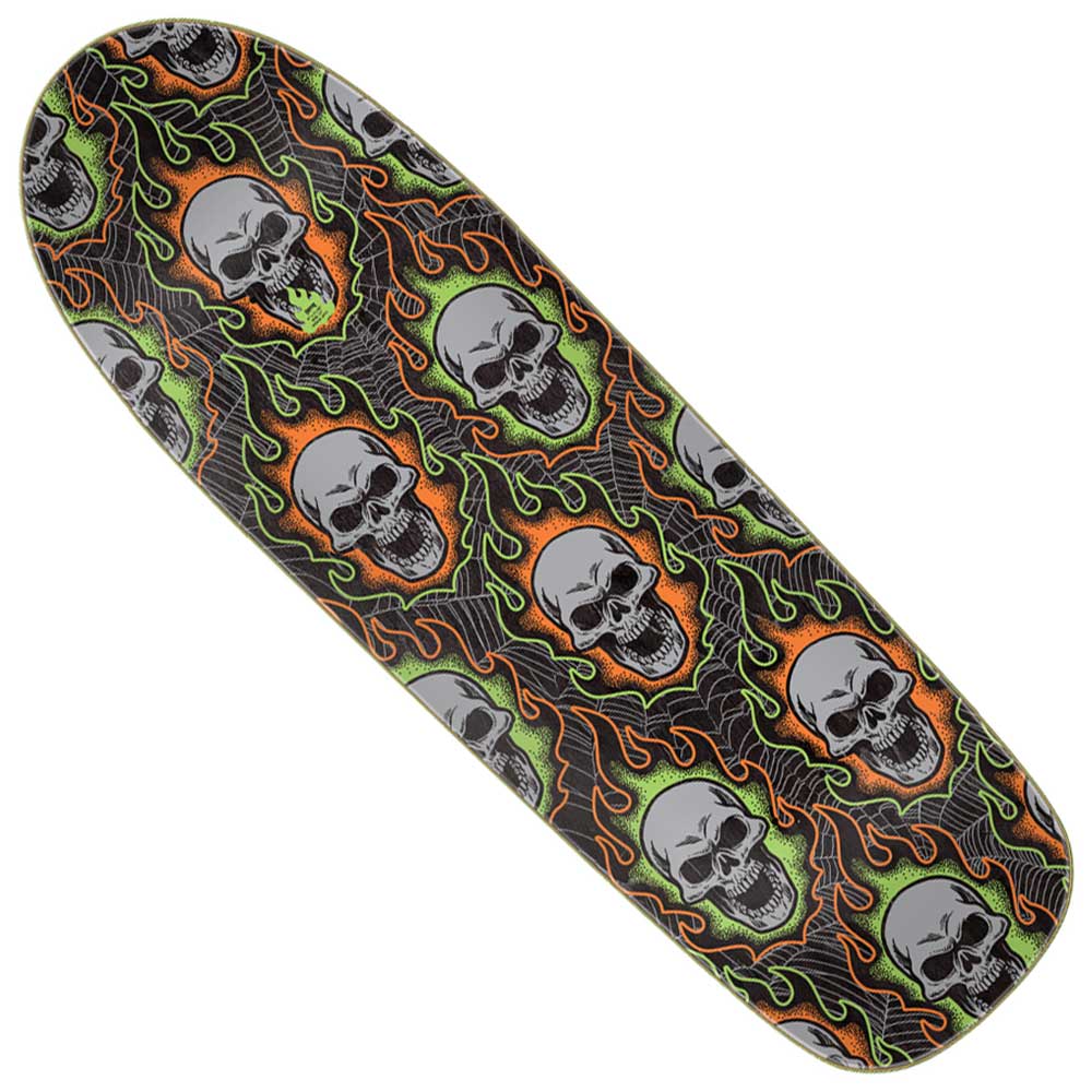 The Bonehead Webbed Team 9.00in x 31.68in Creature Deck features a striking design of gray skulls intertwined with green and orange flames on a black backdrop, expertly crafted from durable 7-ply North American maple—making it an eye-catching choice for collectors and skateboard enthusiasts alike.