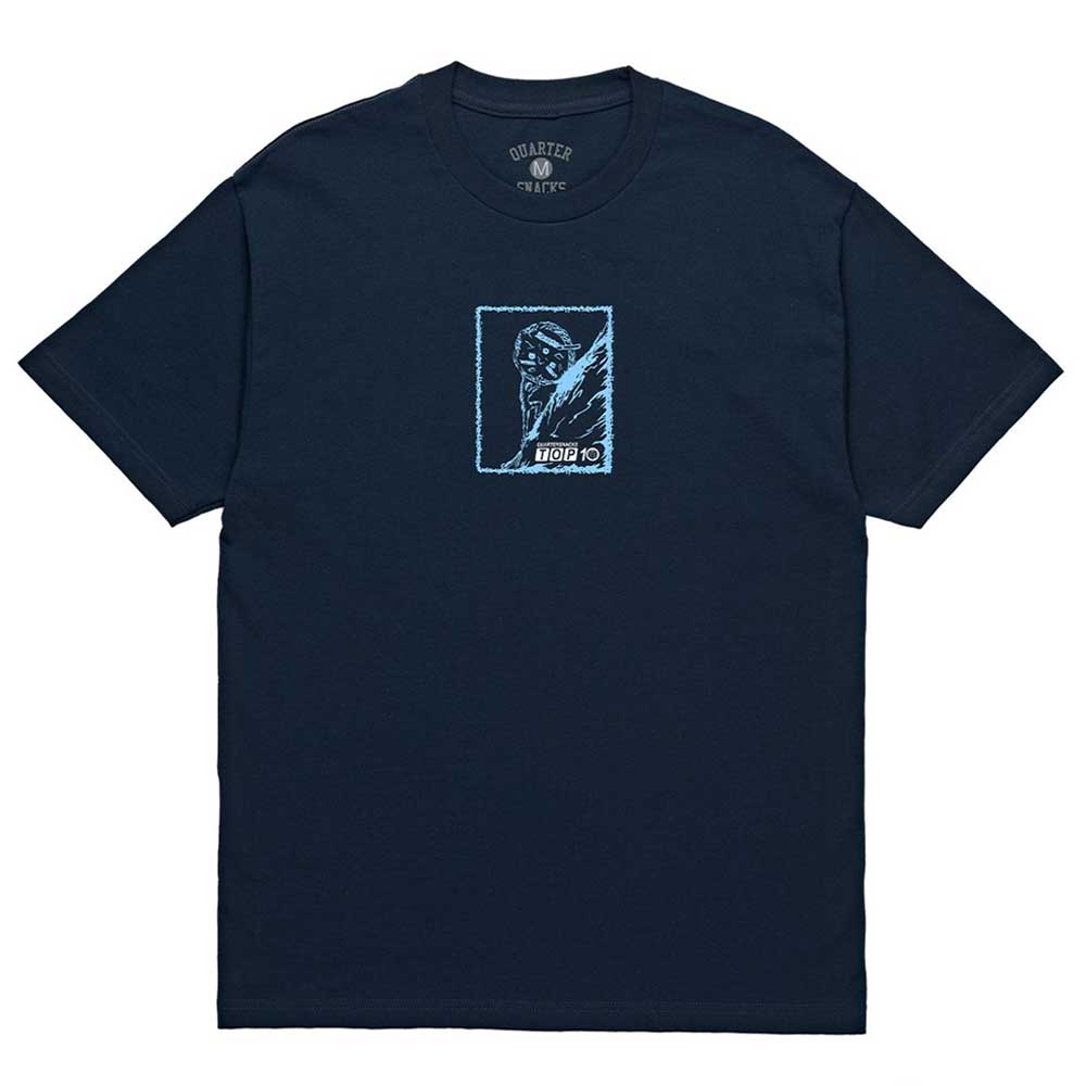 Boulder Top Tee Quartersnacks Navy with a light blue graphic of a stylized person with an outstretched arm inside a rectangle, plus text or symbols below the image.