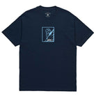 Boulder Top Tee Quartersnacks Navy with a light blue graphic of a stylized person with an outstretched arm inside a rectangle, plus text or symbols below the image.