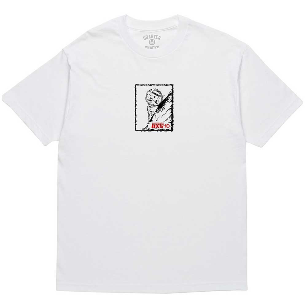 The Boulder Top Tee Quartersnacks White features a small black and white sketch of a face with wings on the chest and a red and white “HIGH IQ” label below the artwork for a comfortable fit.