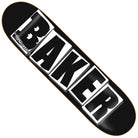 The Brand Logo 8.47x31.9 Black White Baker Skateboard Deck showcases the bold BAKER text on a classic black and white background, ideal for fans of timeless skate style.