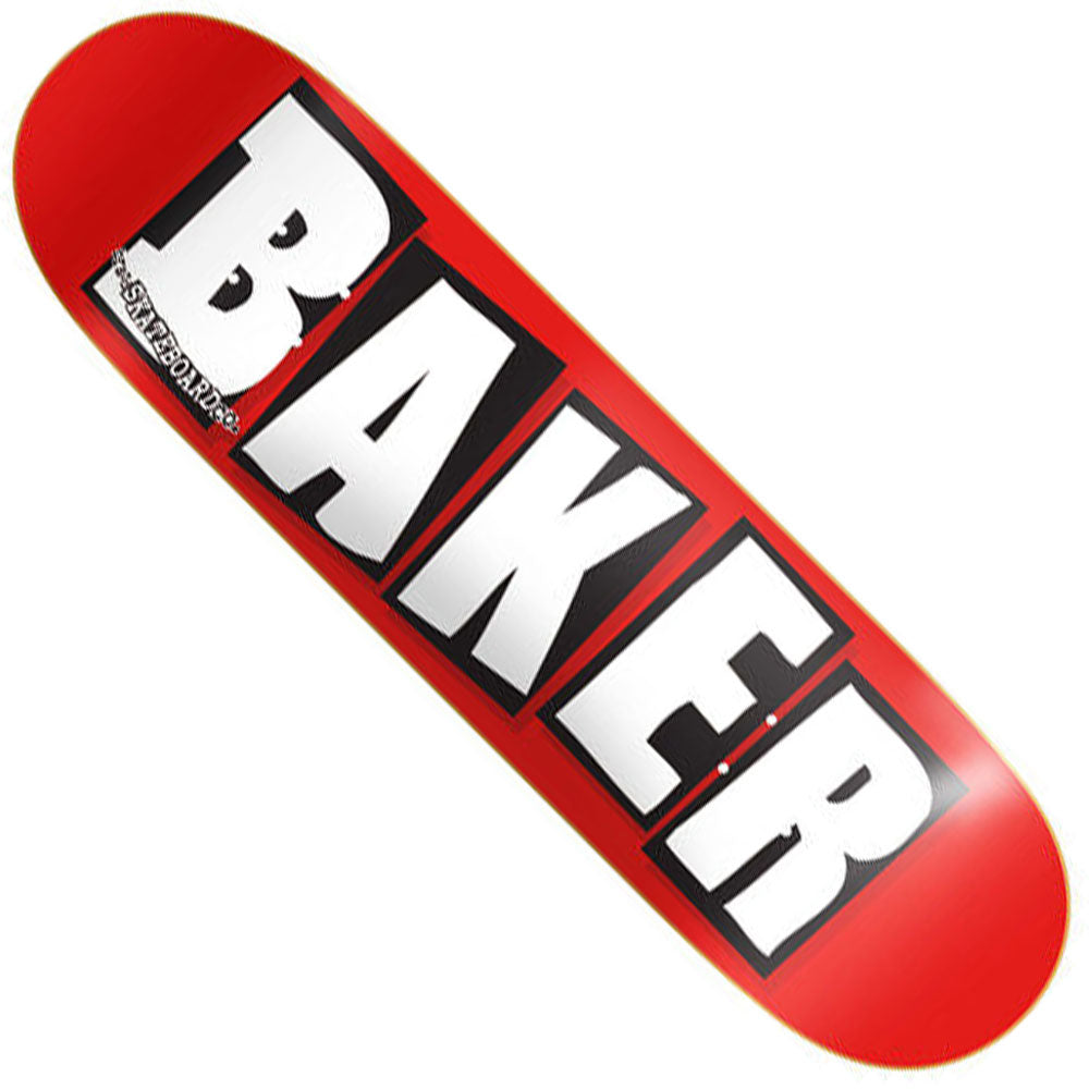 The Brand Logo Deck White by Baker Skateboards is an OG Shape 8 x 31.5" deck with mellow concave, featuring bold white BAKER lettering outlined in black across the center.