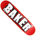 The Brand Logo Deck White by Baker Skateboards is an OG Shape 8 x 31.5" deck with mellow concave, featuring bold white BAKER lettering outlined in black across the center.