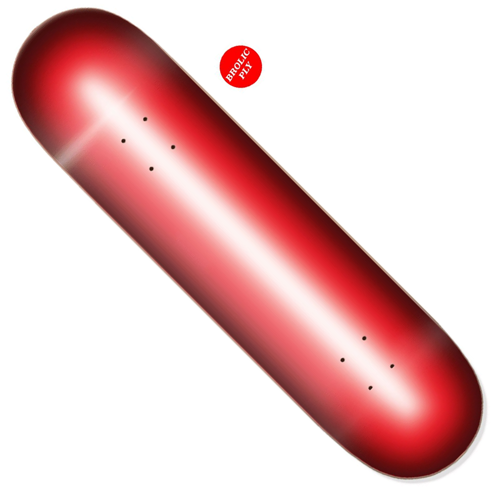 The Brolic Ply 8.25x31.7 Hardbody Skateboard Deck Red Saber features a red fade finish, glossy surface, black truck mounting holes, and a small top-right "PROLIC FIT" sticker in white text.