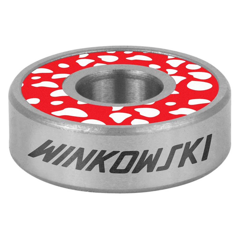 The Bronson Speed Co. Skateboard Bearings Erick Winkowski Pro G3 features a metal bearing with "WINKOWSKI" etched on the side and a red shield with white spots around the center—an Erick Winkowski Pro design.