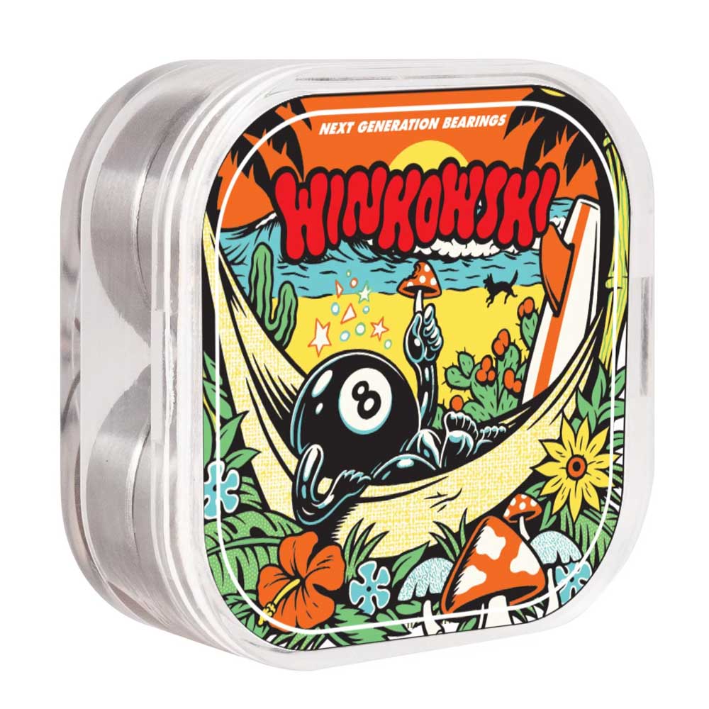 A clear container with colorful artwork of a black 8-ball character relaxing in a hammock, holding a mushroom, surrounded by tropical plants. Bold red WINKOWSKI text celebrates the Bronson Speed Co. Skateboard Bearings Erick Winkowski Pro G3.