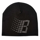 The Bronze 56K x Ice Cream Rhinestone Beanie Black features a stylized letter B in white square dots, with the left side dissolving into scattered squares.