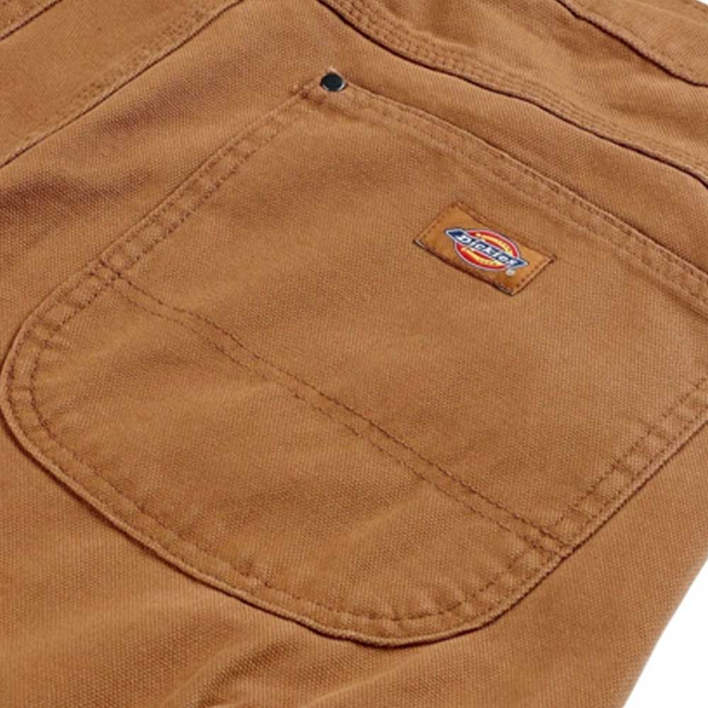 Close-up of the Brown Duck Double Knee Pant Thrasher Magazine x Dickies Skateboarding A88OP OBD, showing visible stitching, a small Dickies logo above the pocket, and the classic 5-pocket style.