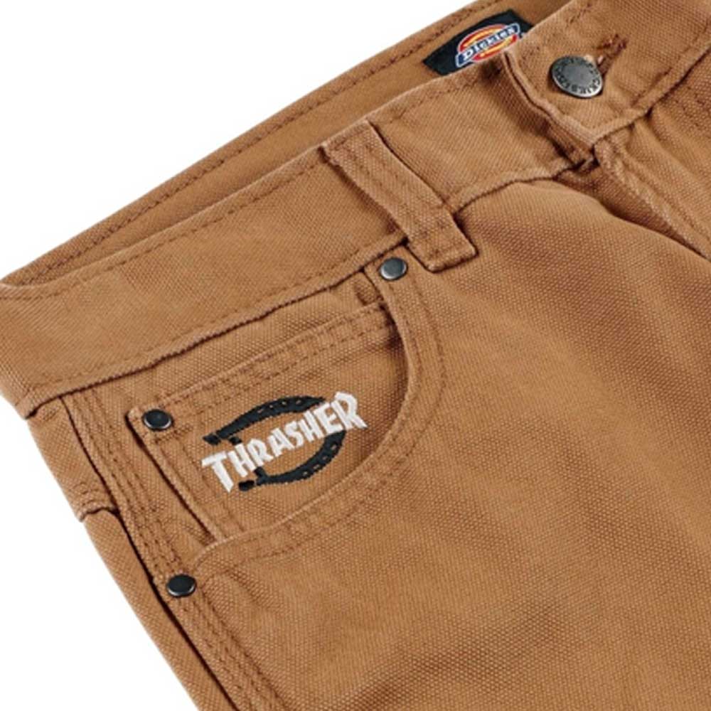 Close-up of Brown Duck Double Knee Pant Thrasher Magazine x Dickies Skateboarding A88OP OBD—features belt loops, metal button, small Thrasher logo pocket, classic 5-pocket style, and reinforced knees for durability.