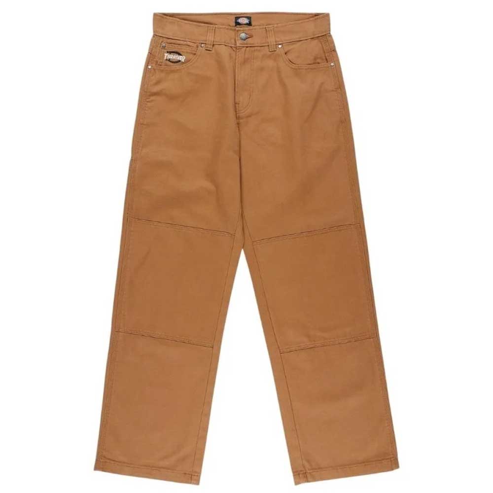 The Brown Duck Double Knee Pant Thrasher Magazine x Dickies Skateboarding A88OP OBD features reinforced knees, 5-pocket style, belt loops, and a logo patch above the right front pocket, shown laid flat on a white background.