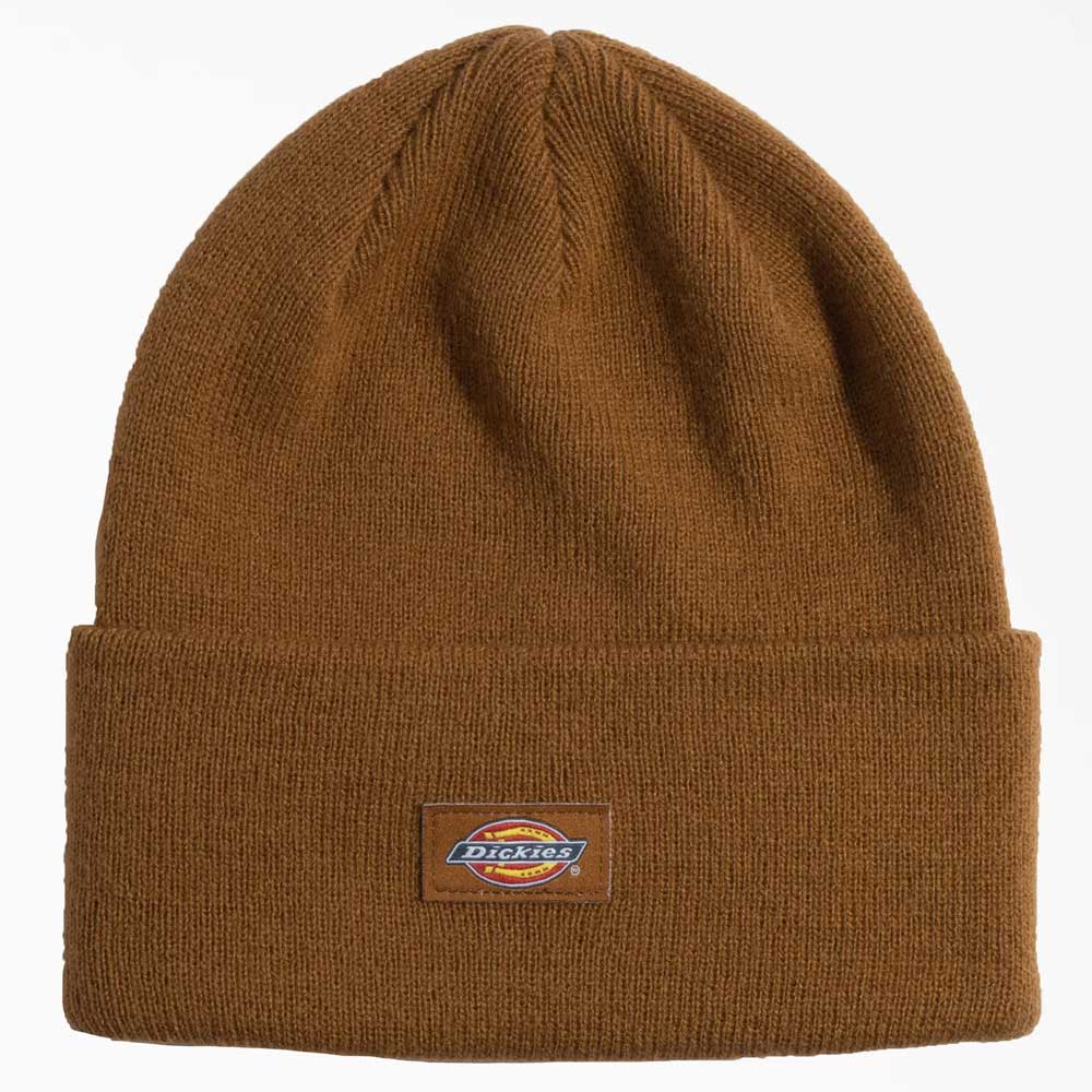 The Brown Duck Tall Cuff Beanie WHC200 by Dickies Skateboarding features a folded brim and classic front-center rectangular woven logo label.