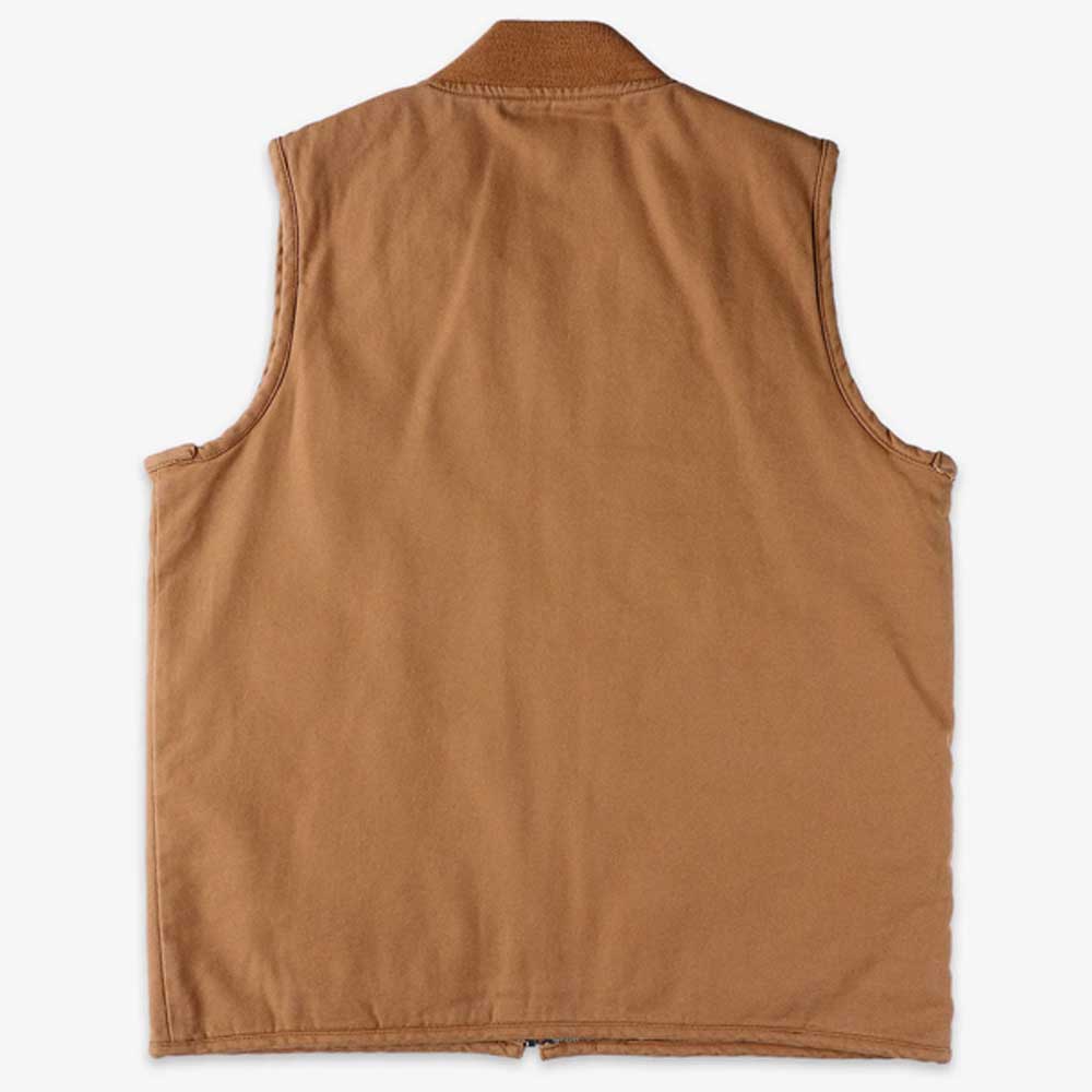 The Brown Duck Vest Thrasher Magazine x Dickies Skateboarding A88IT 0BD is a tan, sleeveless canvas vest with a flat collar, simple seams, and a relaxed fit, shown from the back against a plain white background.