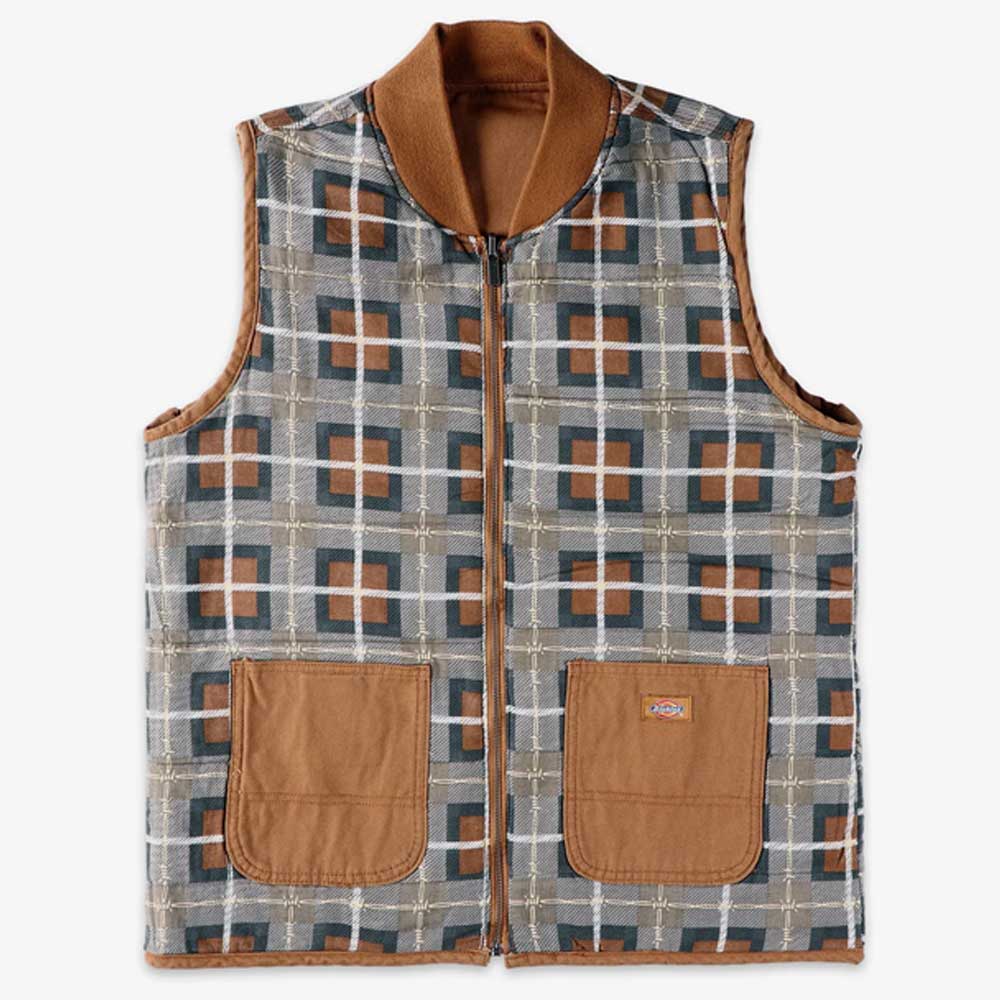 The Brown Duck Vest Thrasher Magazine x Dickies Skateboarding A88IT 0BD features a relaxed fit, geometric pattern in gray, blue and brown, two large brown front pockets, and a front zipper closure for comfort and style.