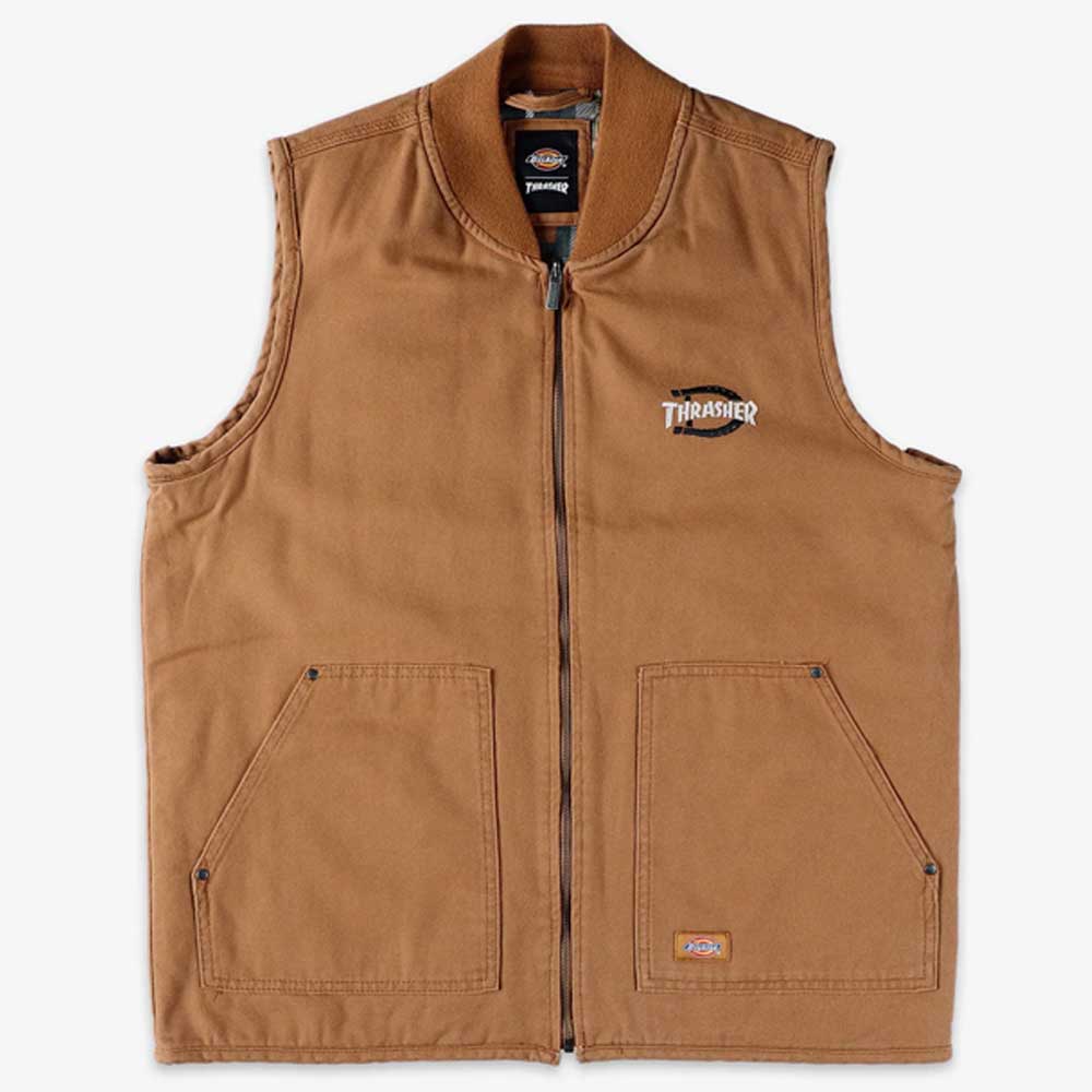 The Brown Duck Vest Thrasher Magazine x Dickies Skateboarding A88IT 0BD is a brown, relaxed-fit sleeveless vest with front zipper, two large front pockets, and small Dickies x Thrasher logos on the chest and lower pocket. Laid flat on white background.