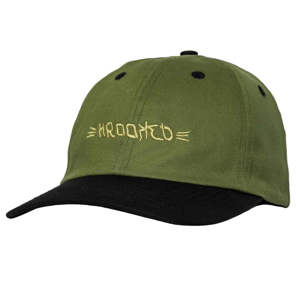 Brushskript Snap Off Olive Black Krooked Skateboards Adjustable Strapback Hat, an olive green baseball cap with a black brim and a yellow embroidered logo on the front.