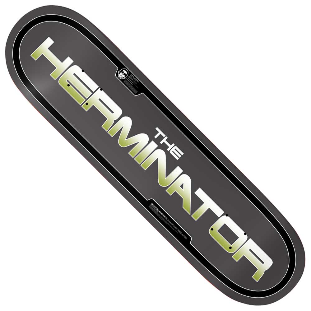 The Bryan Herman The Herminator 8.12 Baker Skateboards Deck features a bold black design with “HERMINATOR” in striking silver and yellow lettering across the center, and “THE” in smaller white letters above “MINATOR,” inspired by pro skater Bryan Herman.
