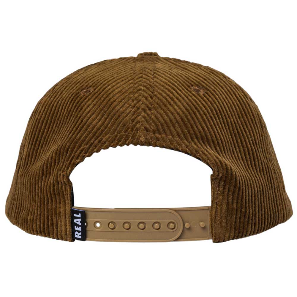 Bubble Oval Brown Real Skateboards Hat Adjustable shown from the back, featuring an adjustable tan plastic strap and a small black tag on the left side with "REAL" in white letters—an iconic Skateboards Hat from Real Skateboards, perfect for fans of their Bubble Oval style.